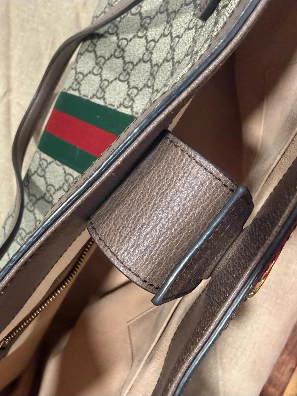 Gucci Ophedia Beige GG Supreme Canvas Tote with Brown Trim and Green-Red Web